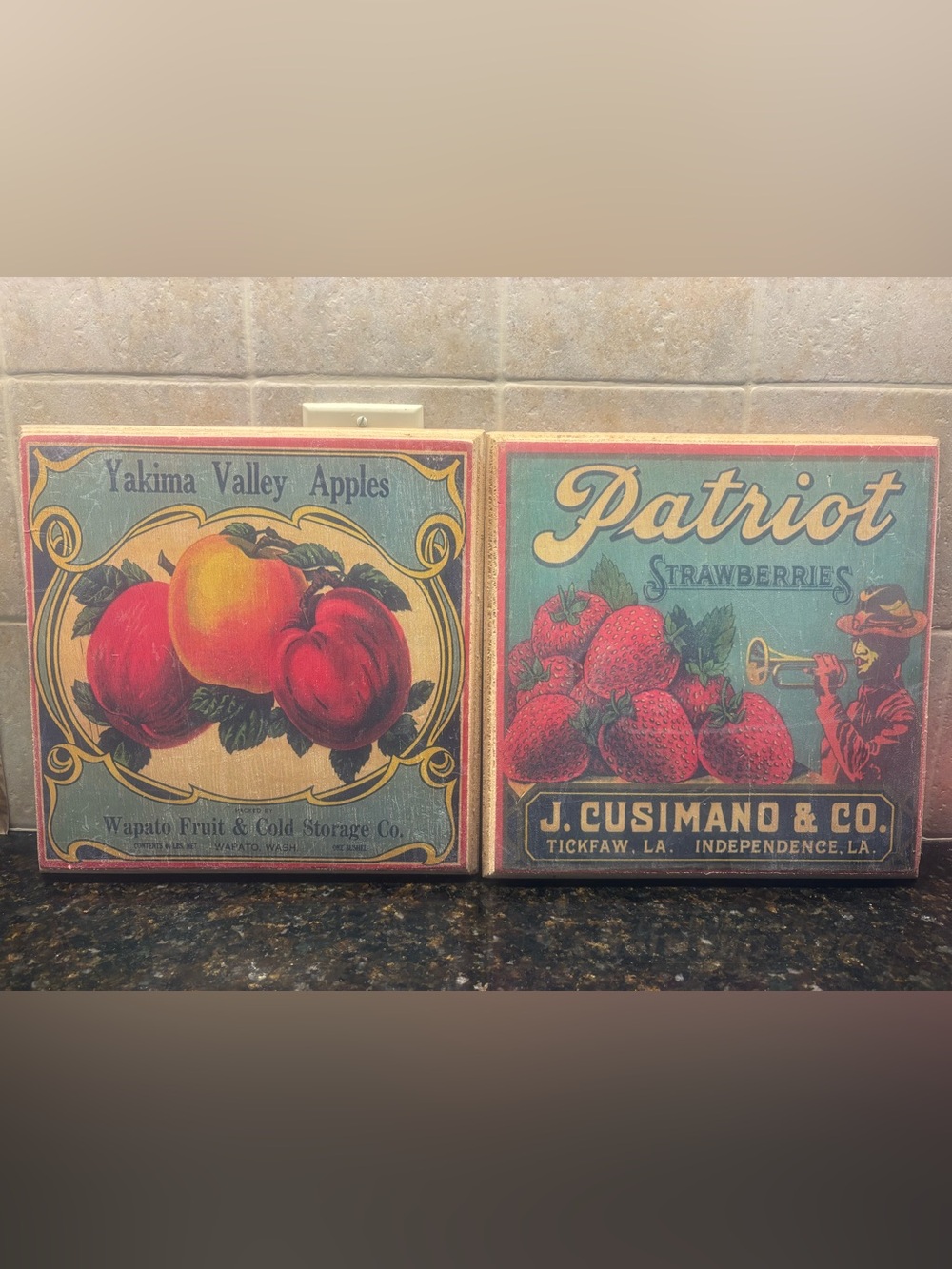 Vintage Fruit Crate Art Print - Red & Green Strawberry and Apple Set